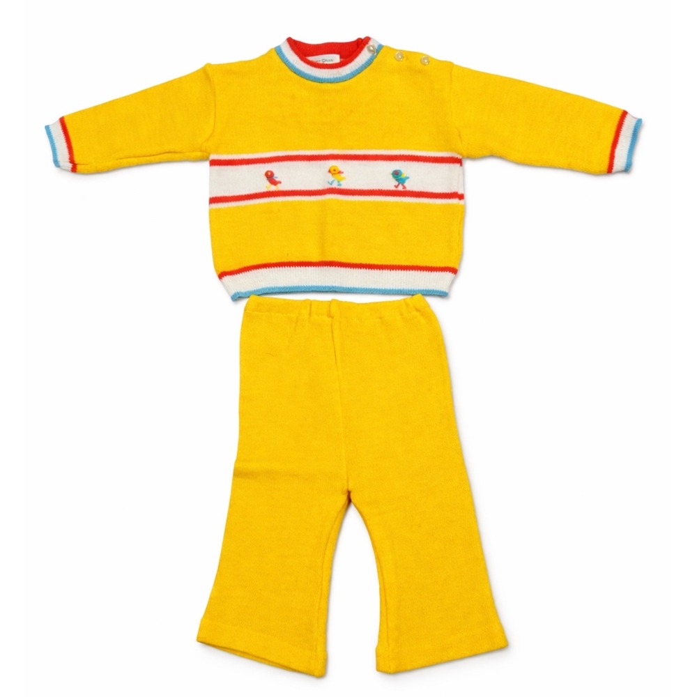 Vintage Baby Knit Set 2T 24M Yellow Bird‎ Sweater Pants Soft Spun Japan